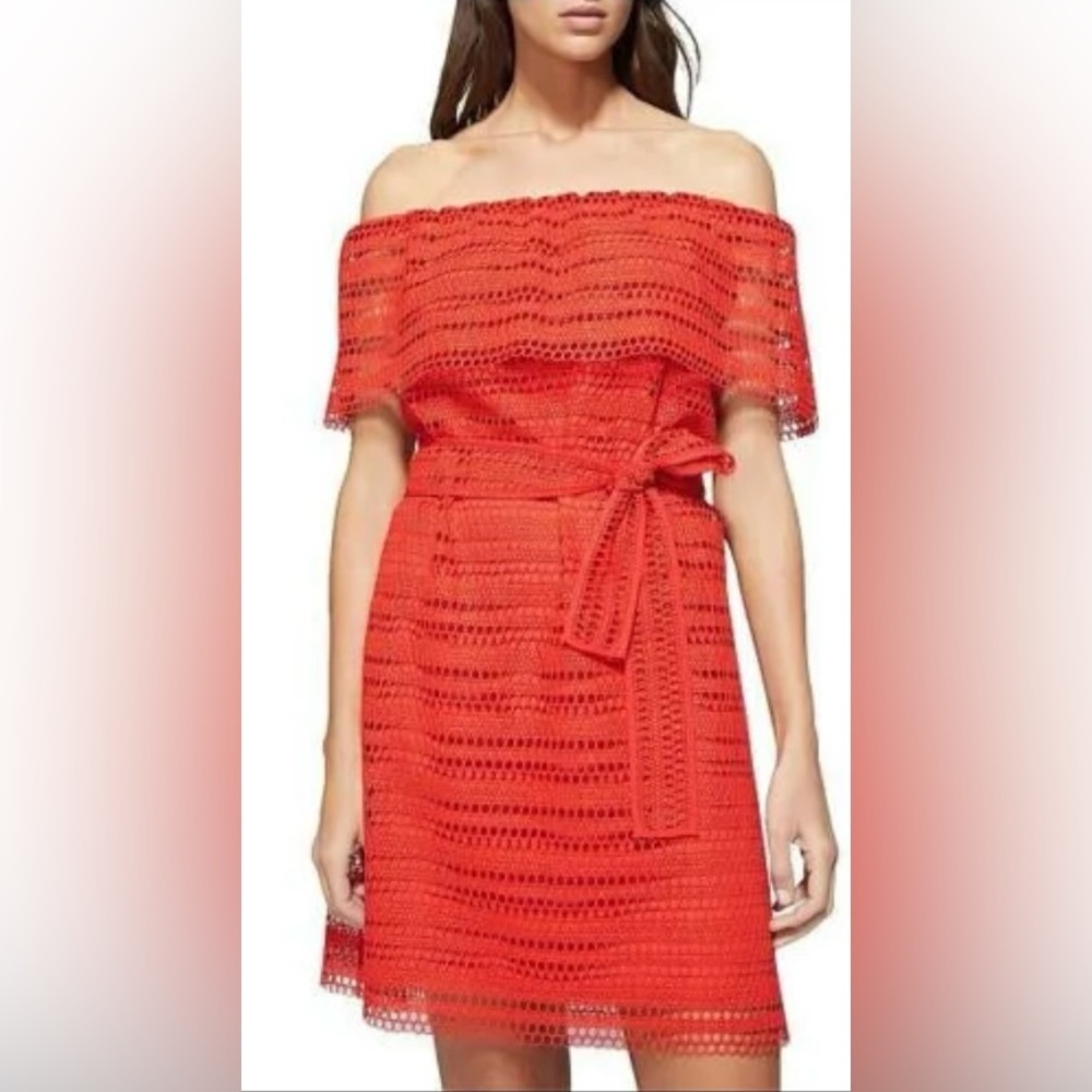 WITCHERY Red Lace Off The Shoulder Dress Tie Belt Size 10 - Picture 3 of 5